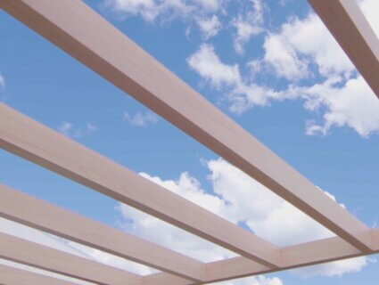 decopost pergola in a decwood curly birch finish with a skye background.